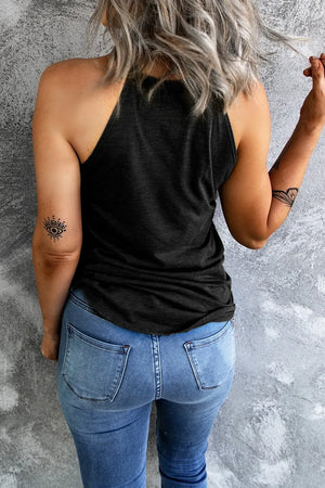 Black halter tank top with patriotic graphic detail and a relaxed fit.