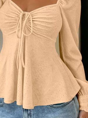Ruched Sweetheart Neck Long Sleeve Top in Burgundy with tied