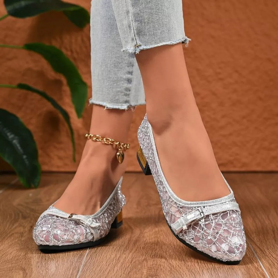 Point Toe Block Heels Loafers in Silver