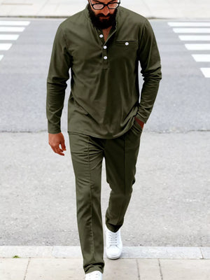 Men's Casual Long Sleeve Henley Top & Joggers Set in Navy Blue with long sleeve