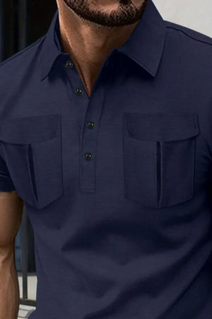 Navy utility polo shirt with flap chest pockets and button placket.