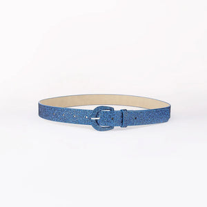 Royal blue glitter micro-studded belt with a silver buckle.