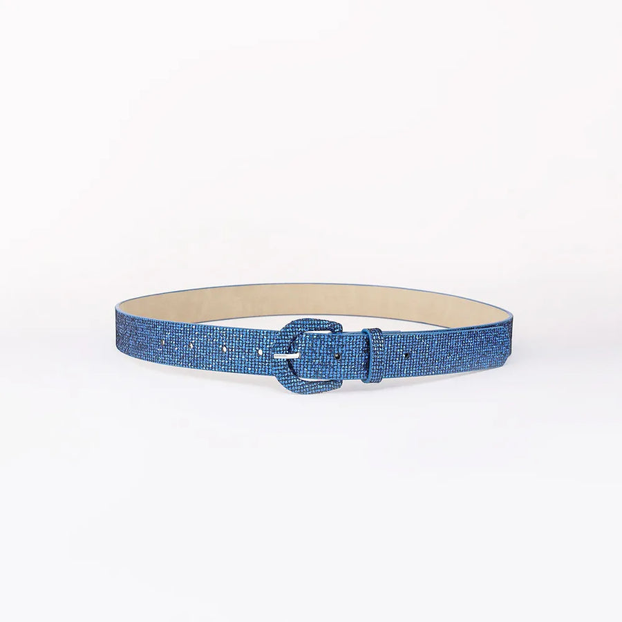 Royal blue glitter micro-studded belt with a silver buckle.