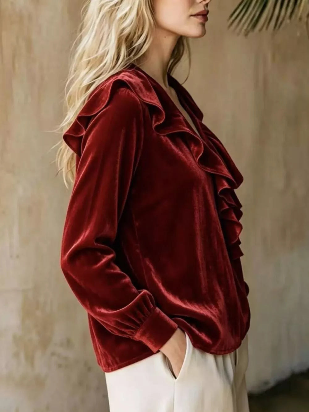 Burgundy Full Size Ruffled V-neck Long Sleeve Blouse
