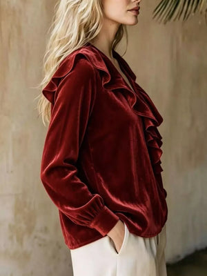 Burgundy Full Size Ruffled V-neck Long Sleeve Blouse