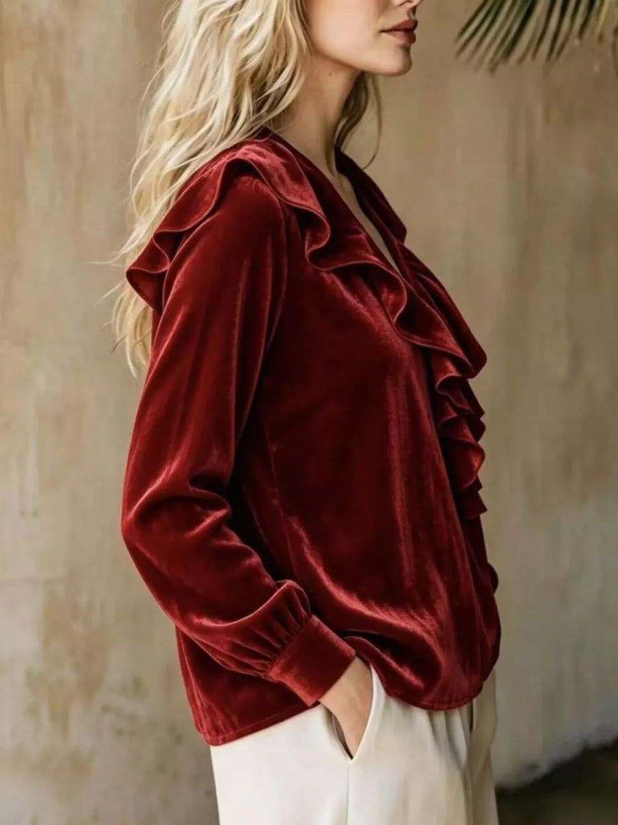 Burgundy Full Size Ruffled V-neck Long Sleeve Blouse