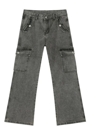 Faded denim flare cargo trousers in dark gray with button-flap side pockets.