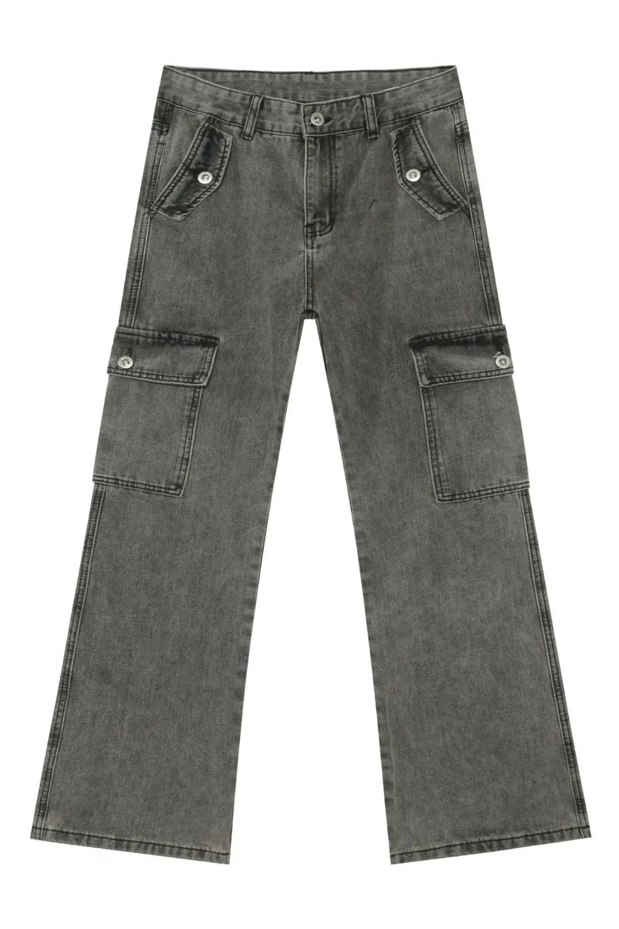 Faded denim flare cargo trousers in dark gray with button-flap side pockets.
