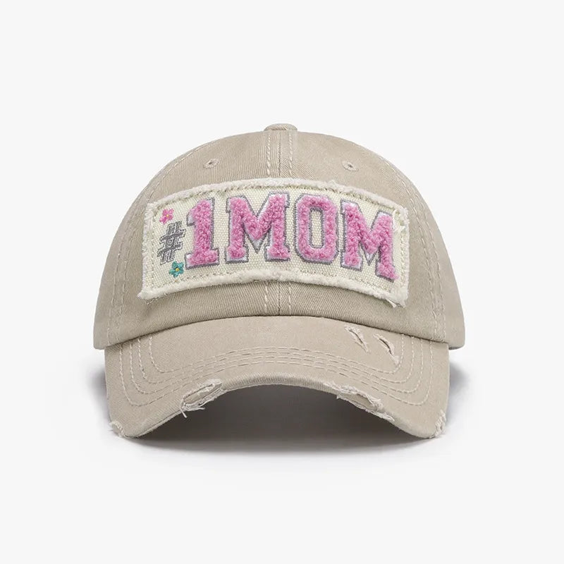 Khaki baseball cap with #1 MOM patch and distressed details