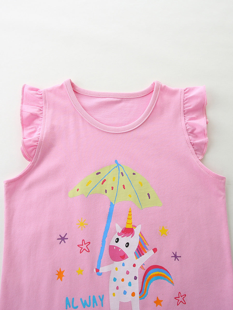 Pink cotton toddler pajama top with ruffled sleeves and a unicorn holding an umbrella graphic.