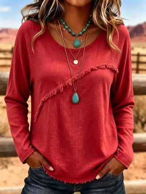 Full Size Fringe Detail Long Sleeve T-shirt Plus Size in Black