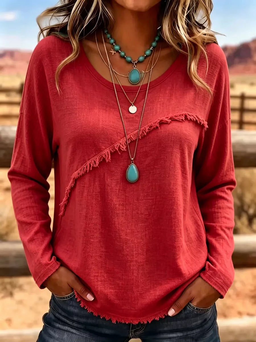 Full Size Fringe Detail Long Sleeve T-shirt Plus Size in Black