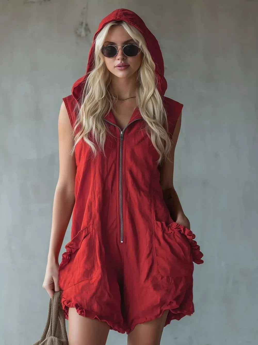 Red hooded sleeveless romper with ruffled pockets and zipper front.