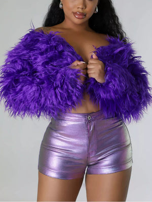 Faux Fur Open Front Cropped Outerwear in Purple
