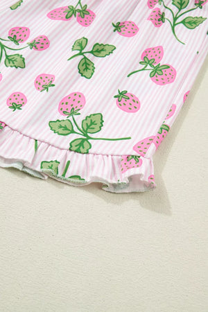 Pink striped pajama set with a strawberry print and ruffled hem.