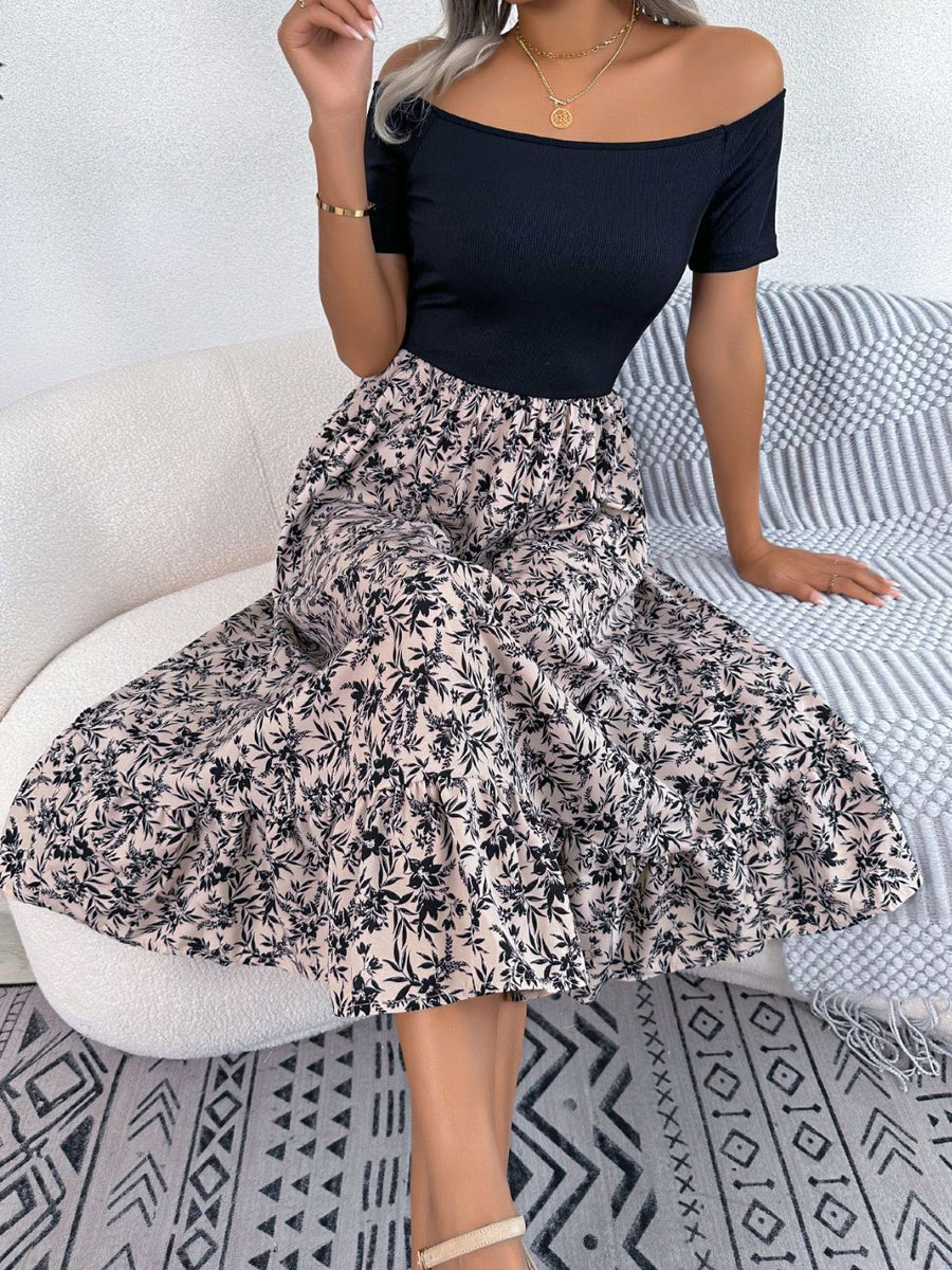 Black off-shoulder midi dress with a floral print A-line skirt