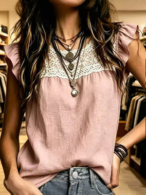 Pink with Lace Trim Ruffle Sleeve Blouse Plus Size