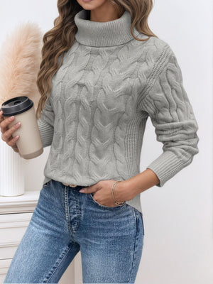 Long-Sleeve Cable-Knit Turtleneck Sweater in Grey with cable-knit