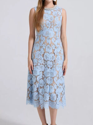 Blue lace dress with pearl neckline and floral pattern