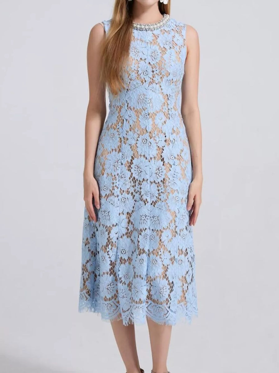 Blue lace dress with pearl neckline and floral pattern