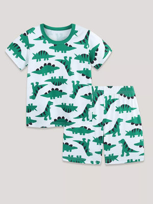 Baby dinosaur print tee and shorts set with green trim.