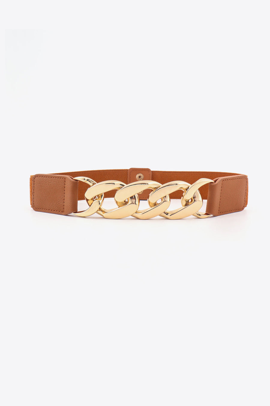 Chunky chain elastic belt with gold hardware and faux leather ends in ochre.