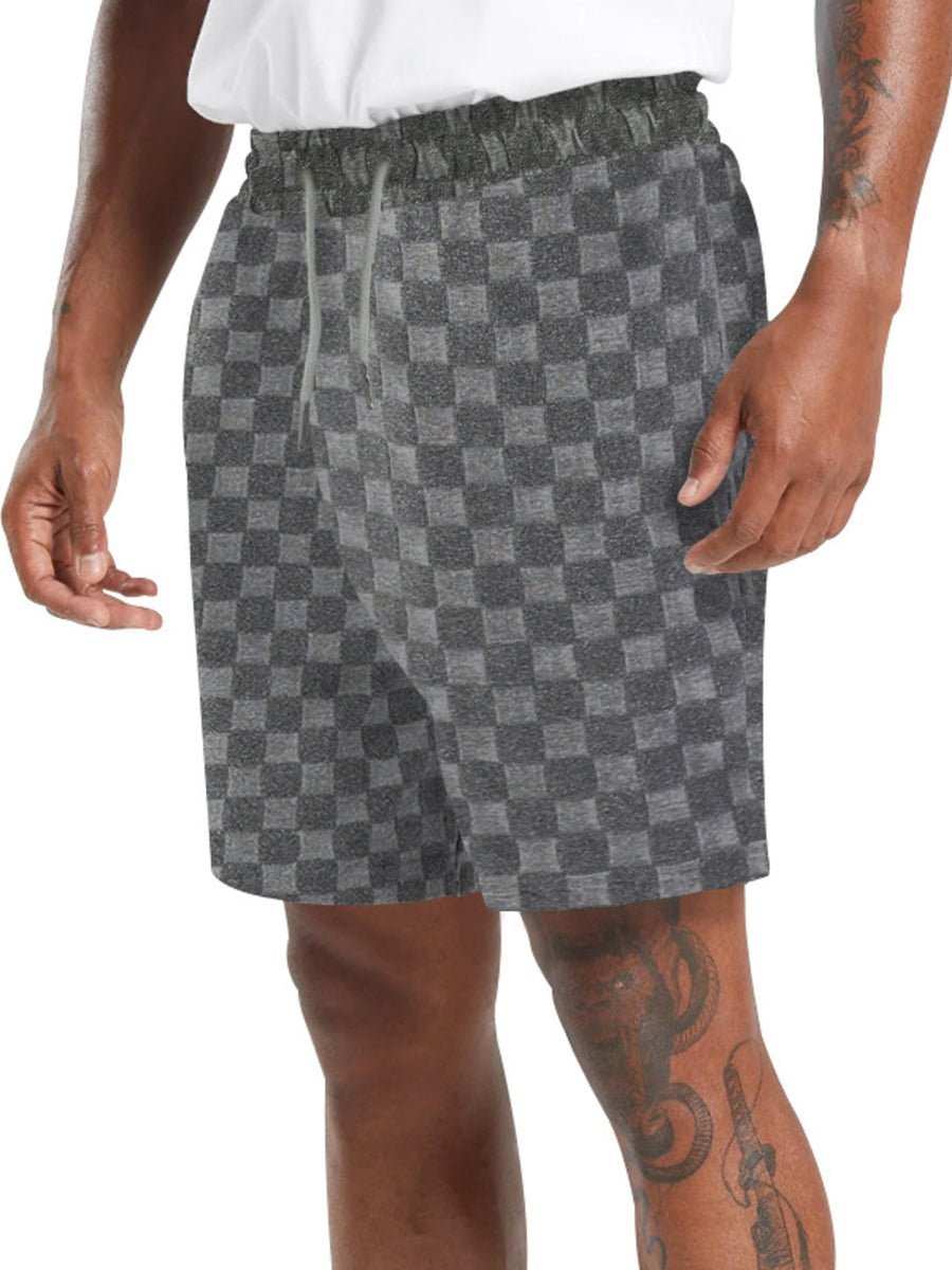 Men's dark gray checkered chino shorts with drawstring waist and textured fabric.