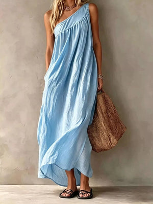 maxi dress in Sage with one-shoulder and sleeveless