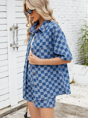 Denim co-ord set with checkerboard pattern in medium blue, featuring a short-sleeve button-up shirt and matching shorts.