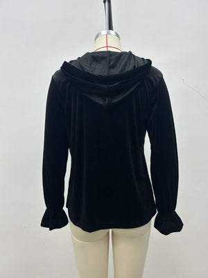 Full Size Velvet Button-Down Hooded Jacket in Army Green with buttoned