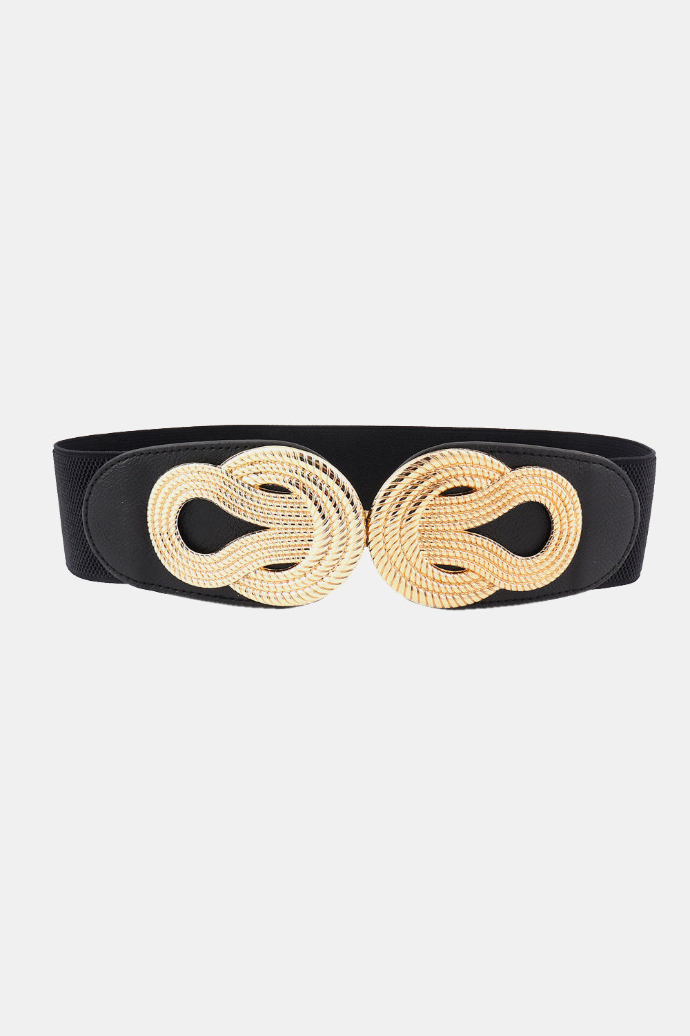 Black elastic belt with a knotted gold buckle detail