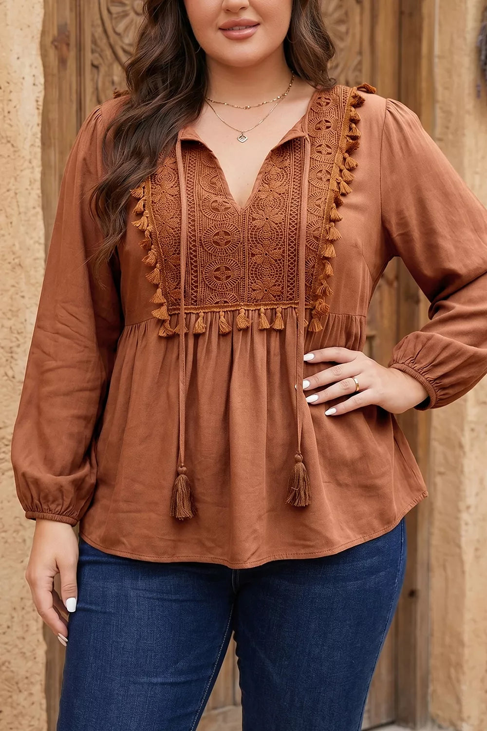 Plus Size V Neck Embroidered Tassel Blouse in Caramel