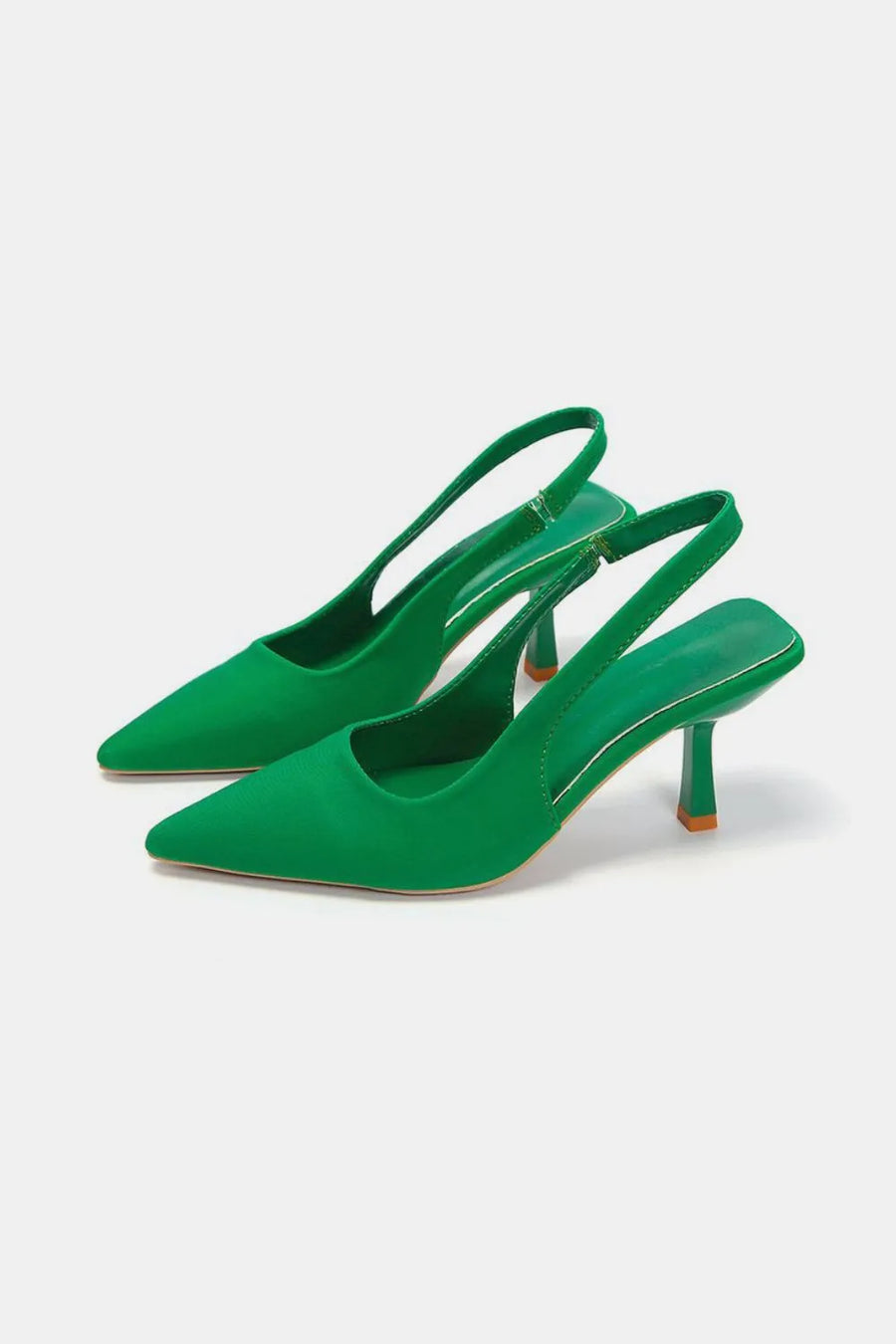 Dark green satin slingback pumps with sculpted heels