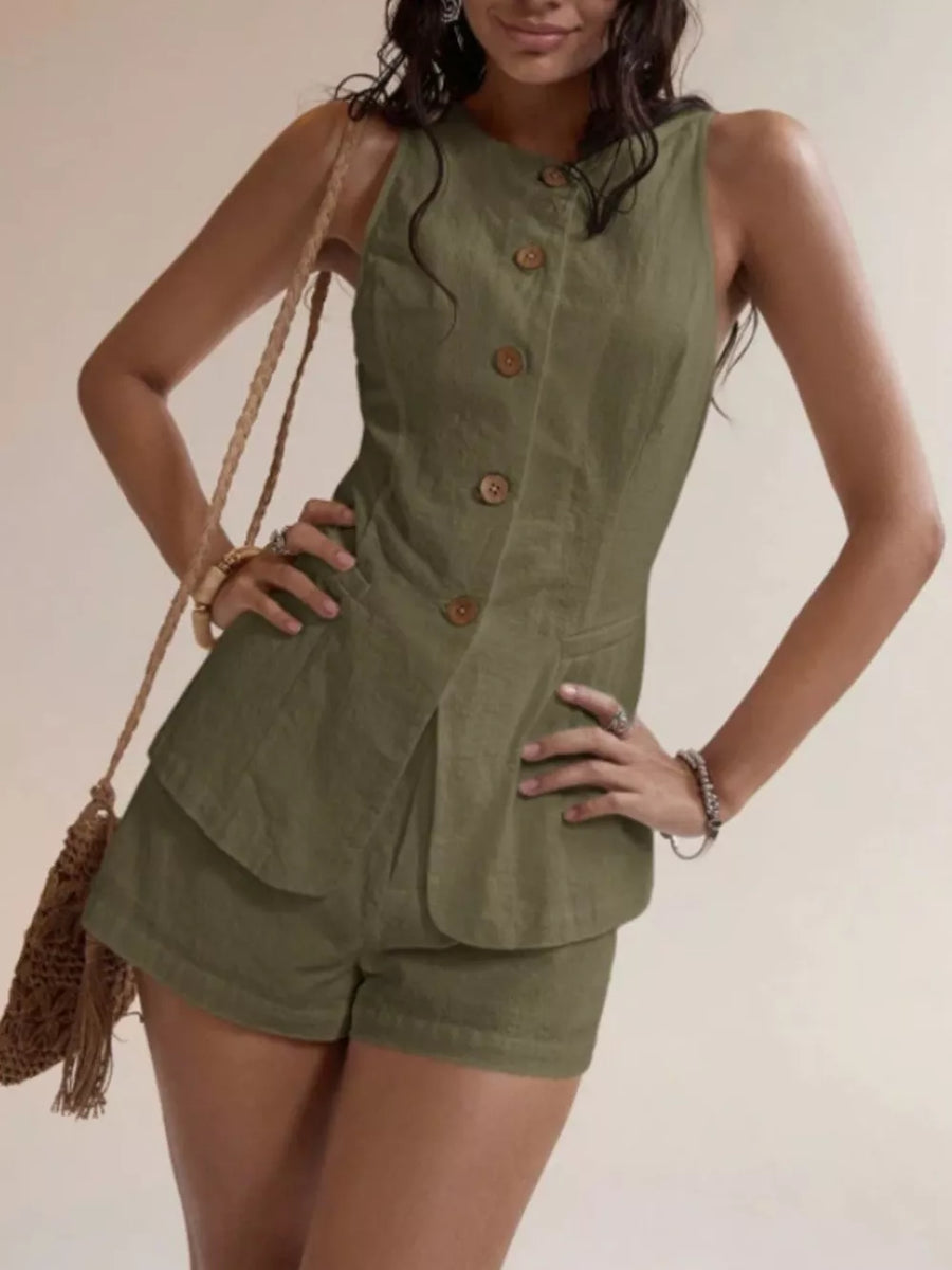 Army green cotton two-piece set with decorative buttons, sleeveless top and shorts.