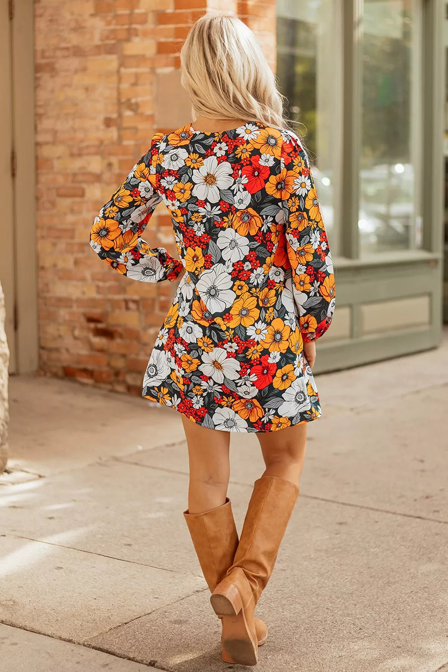 Multicolor with Boho Floral Print V-neck Mini Dress With Pockets