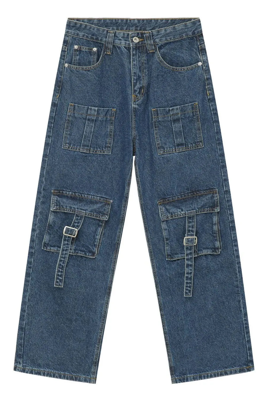 Medium wash denim cargo pants with buckle flap pockets and wide leg cut.