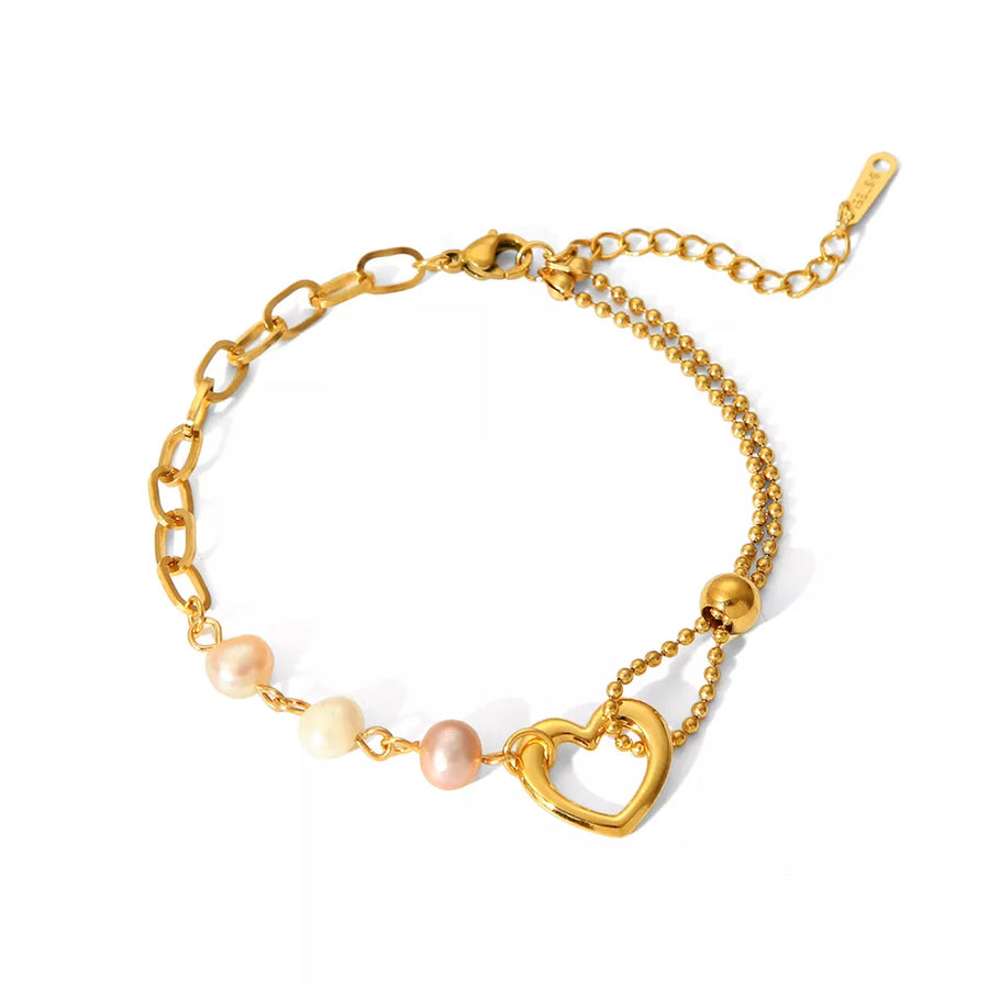 18k Gold-plated Heart Pearl Bracelet in Gold with heart charm