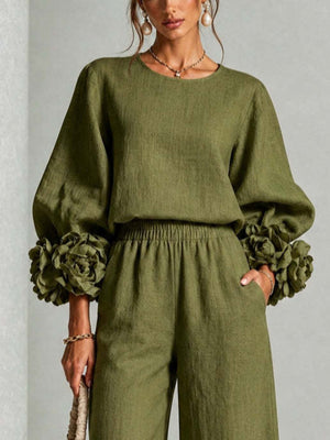 Floral Cuffs Top And Wide Leg Pants Set Plus Size in blush pink