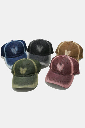 Bleached heart baseball caps in navy, black, caramel, moss, and dusty pink.
