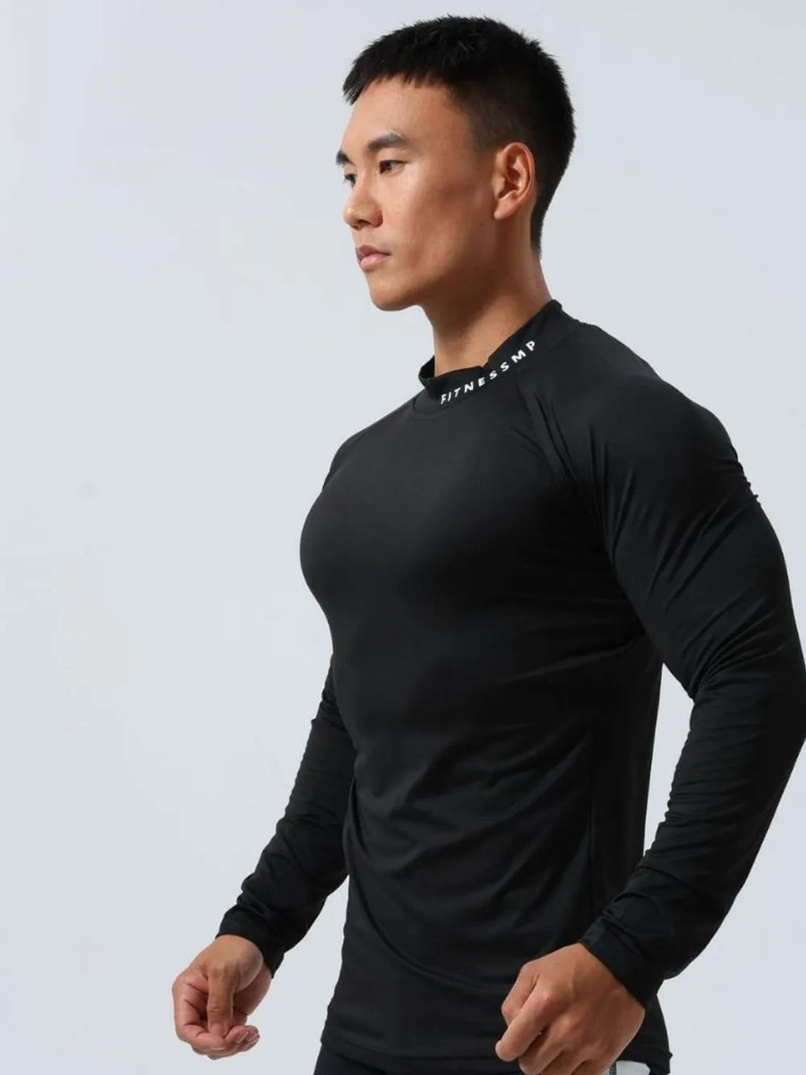 Black long sleeve mock neck compression top with white text detail on collar.