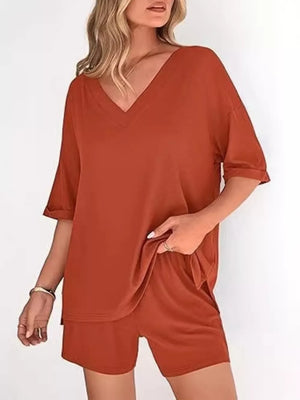 Solid Color V-neck And Shorts Set in Army Green, view 11