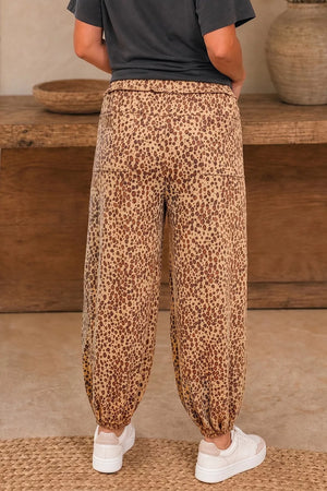 Leopard Print Drawstring Waist Pants in Camel