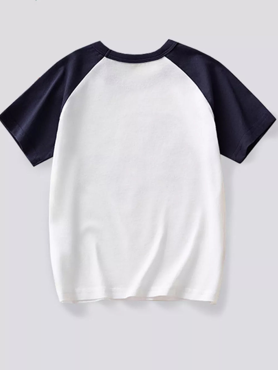 White t-shirt with navy blue raglan sleeves and crew neck