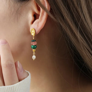 Stacked gemstone and pearl dangle earrings with 18K gold plating.