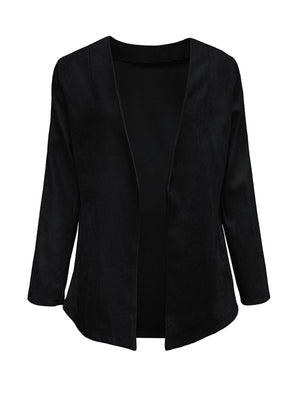 Black suede-effect open front blazer with 3/4 sleeves and a relaxed fit.