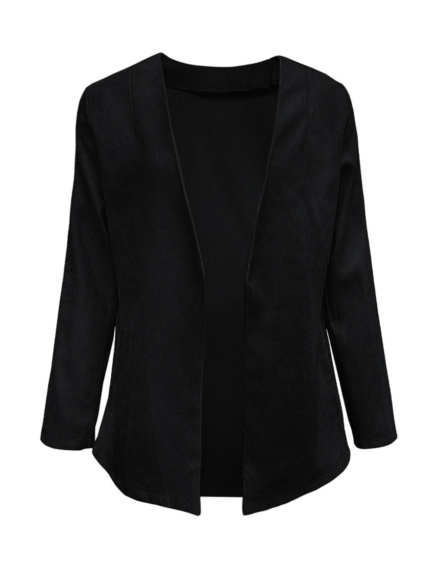 Black suede-effect open front blazer with 3/4 sleeves and a relaxed fit.
