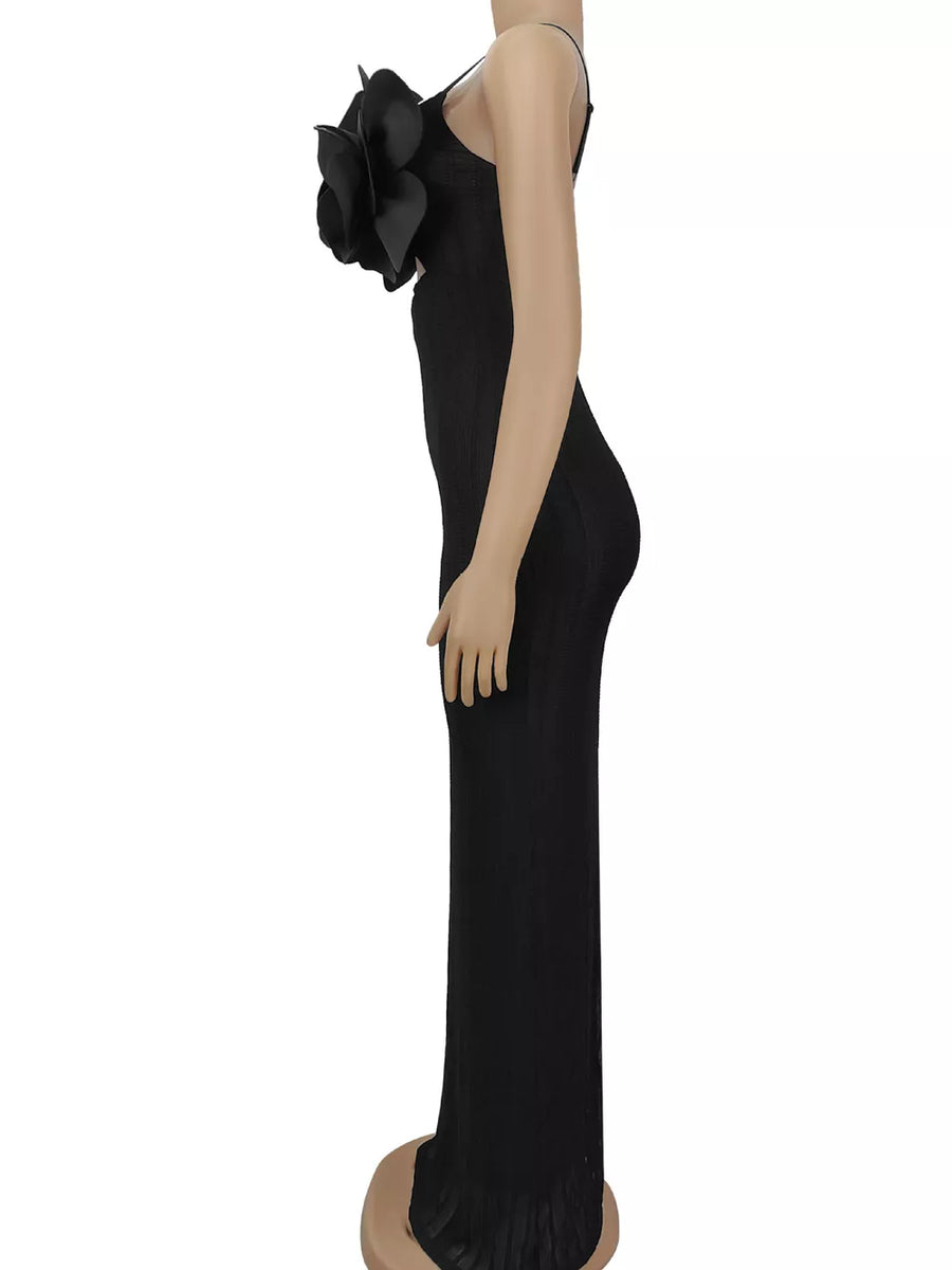 black maxi dress with applique and spaghetti strap