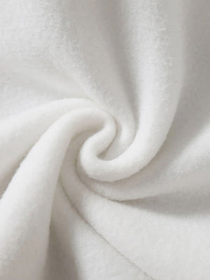 White fleece hoodie with adjustable hood and soft texture detail.