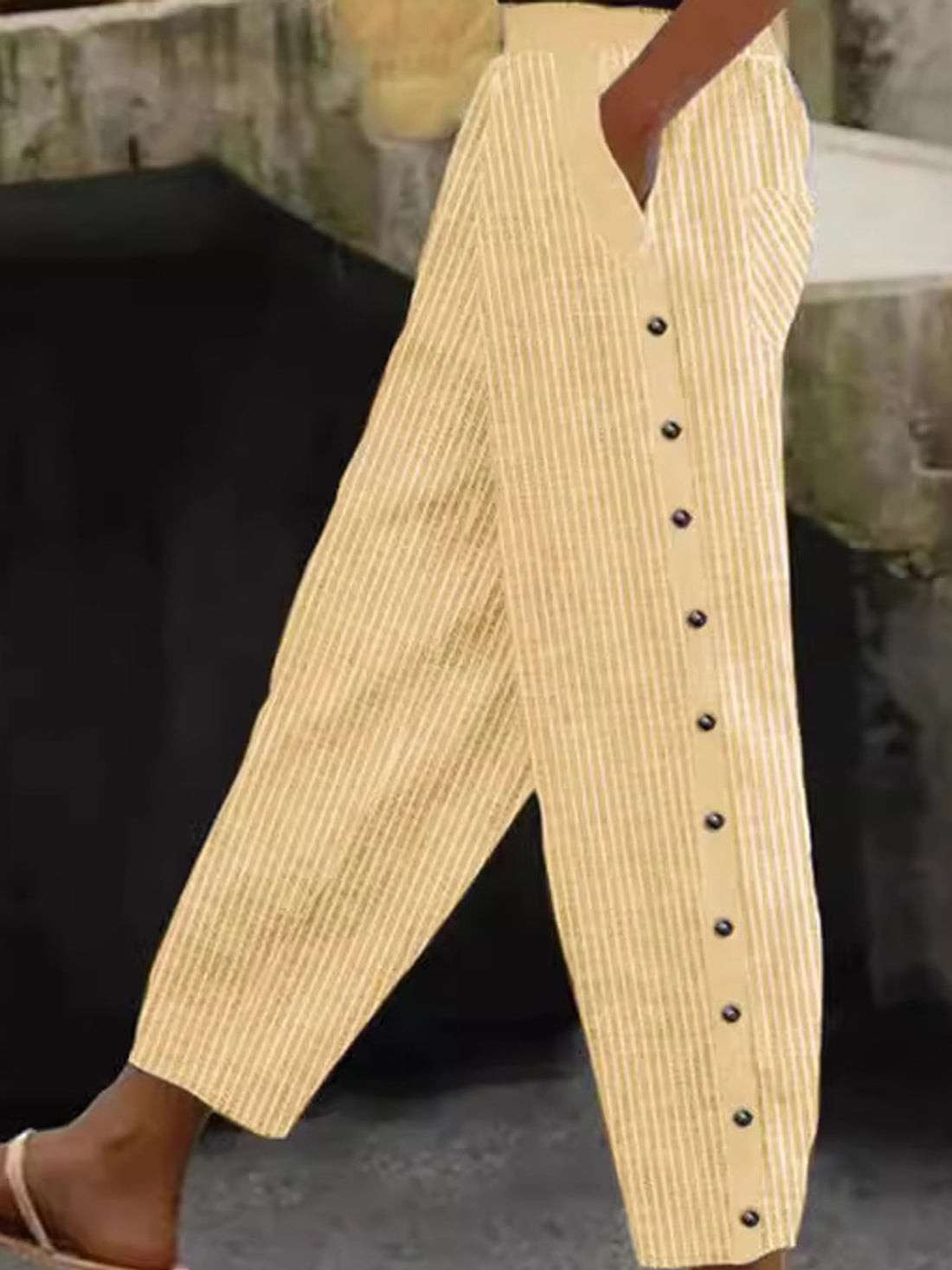 light blue wide-leg pants with pull-on and striped