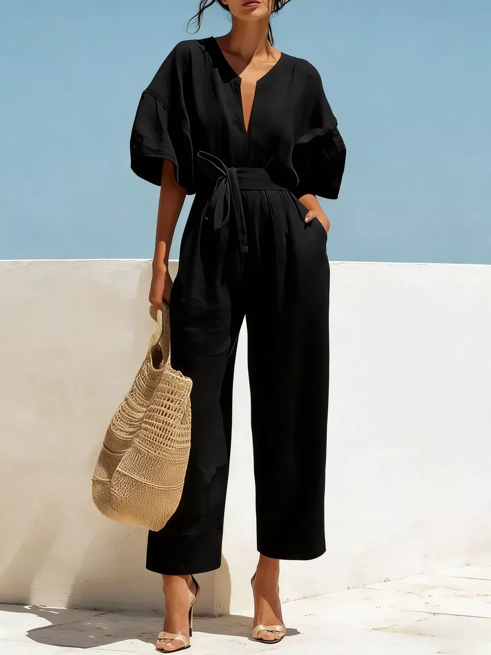 Tie Waist Wide Leg Jumpsuit in Pink